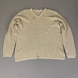 Summit Hill Sweater Women's Size Large Beige Ramie Blend V-Neck Knit Warm Cozy *